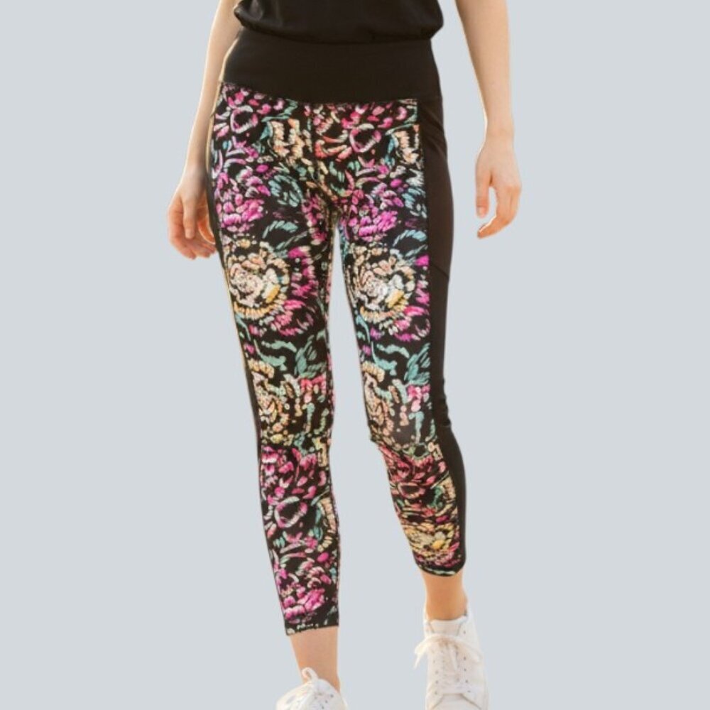 Lularoe “Rise” Capri Women's Leggings in Black Neon Floral Side Pockets Med NWOT